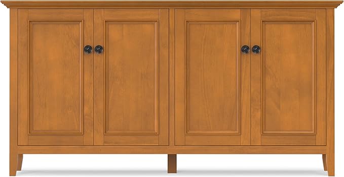 SIMPLIHOME Amherst Storage Cabinet - 66 inch Wide Solid Wood 4-Shelf Sideboard Cabinet in Light Golden Brown, Transitional Buffet for Living Room or Dining Room with 4 Doors and Adjustable Shelves