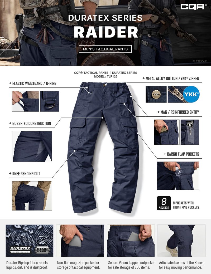CQR Men's Tactical Pants, Water Resistant Ripstop Cargo Pants, Lightweight EDC Work Hiking Pants, Outdoor Apparel, Duratex Mag Pocket Police Navy, 40W x 30L