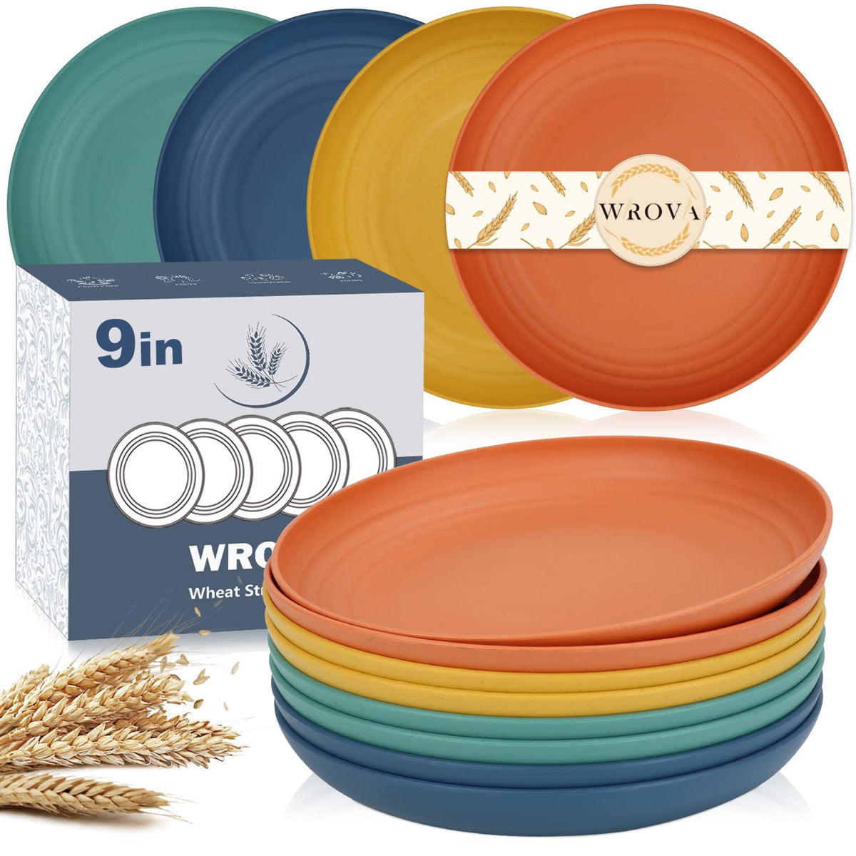 Wrova Wheat Straw Plates - 8 Inch Unbreakable Dinner Plates Set of 8 - Dishwasher & Microwave Safe Plastic Plates Reusable - Lightweight Plates for kitchen,R.V (pure black)