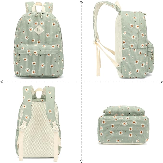Corduroy Girls Backpack Set, 3PCS School Backpacks for Kids Elementary Middle School Bags with Lunch Box Pencil Case (Green Corduroy Daisy)