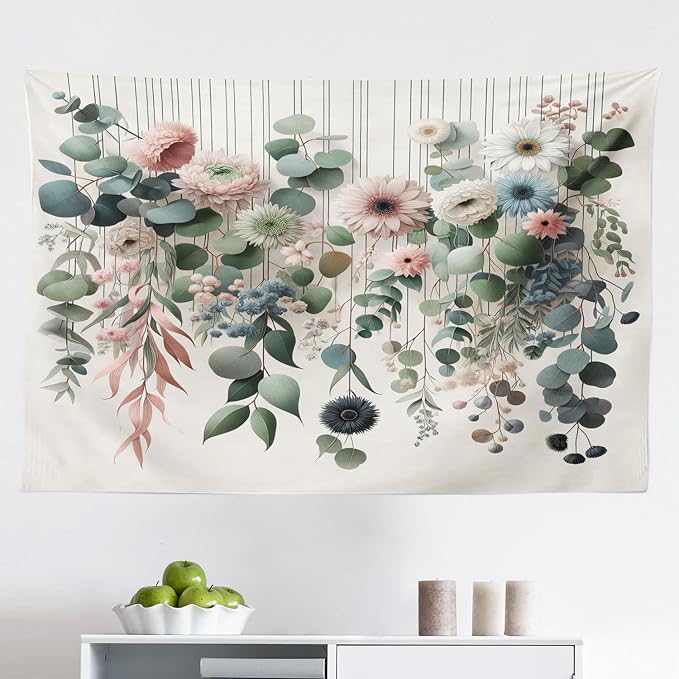 Ambesonne Flower Tapestry, Modern Lines Leafy Eucalyptus Pattern with Tender Sunflower and Peony, Fabric Wall Hanging Decor for Bedroom Living Room Dorm, 45" X 30", Grey Teal Laurel Green