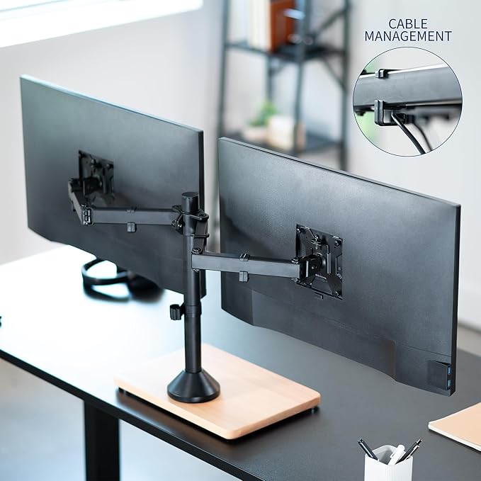 VIVO Freestanding Dual Monitor Stand with Solid Wood Base and Adjustable Arms, Mounts 2 Screens up to 32 inch and 22 lbs Each, Black, STAND-V002FD-B