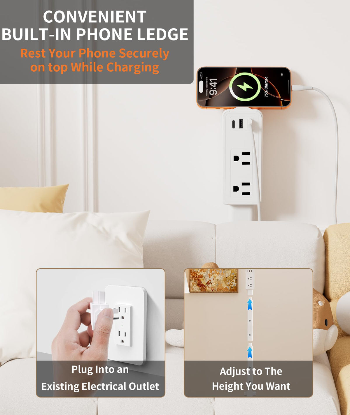 Electrical Outlet Extender Stick Features 2 USB-A, USB-C and 2 AC Outlets, Extendable 6", 15.3", 24.5", 34", for Hard to Reach Spaces Use Behind Couches, Nightstands, E-Sports Desks, and More