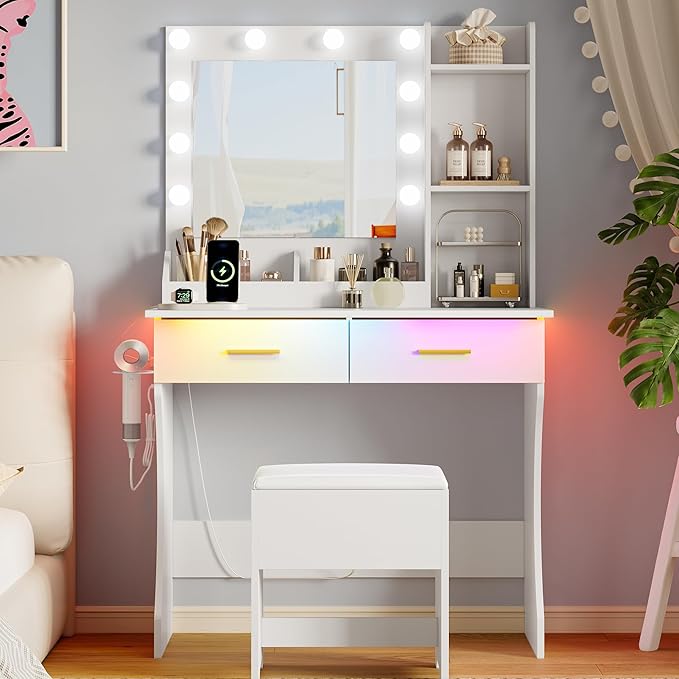 Vanity Desk with Mirror and Lights, Small Makeup Vanity Table Set with Storage Drawers & Power Outlets & Chair, 3 Lighting Modes & RGB Ambient Light, Dressing Table for Women Girls Bedroom, White