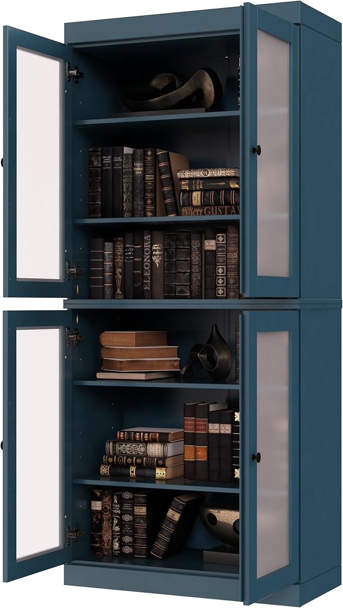 Palace Imports Solid Wood Bookcase w/Frosted Glass Doors & Adjustable Shelves for Living Room - 6-Tier Tall Bookshelf, 71.5" H x 32” W - Teal Blue, 100% Renewable Eco-Friendly Wood, Made in Brazil