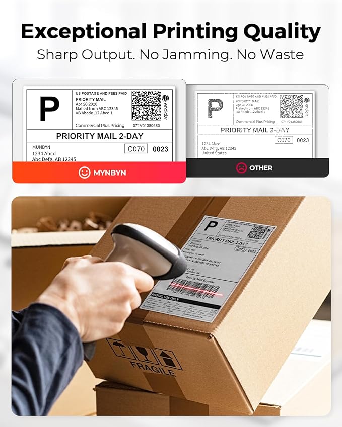 MUNBYN 130B Bluetooth Thermal Label Printer+Thermal Direct Shipping Label (Pack of 500 4x6 Per Roll Labels)+White Label Holder