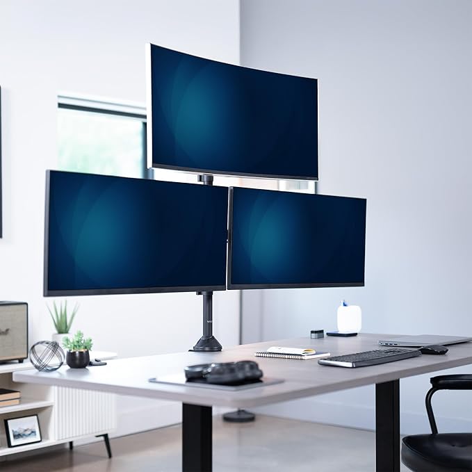 VIVO Premium Triple Ultra Wide LCD LED 27 to 38 inch Monitor Desk Mount, Heavy Duty C-clamp, Extra Tall Pole, Adjustable Telescoping Arms, Flush Wall Setup, Fits 3 Screens, Black, STAND-TS3CT