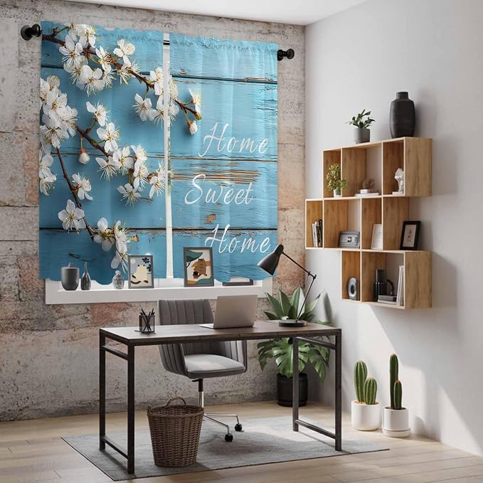 Farmhouse Wooden Grain Kitchen Curtains, Vintage Shabby Chic Flower Blue Light