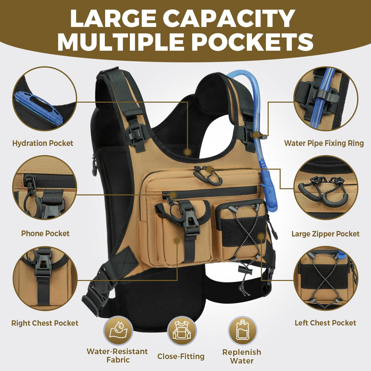 Criuage USA Patent Running Hydration Vest Backpack, Lightweight Chest Pack with 2.0L Water Bladder Bag Daypack for Hiking Running Cycling Race Marathon for Women Men (Khaki, Standard)
