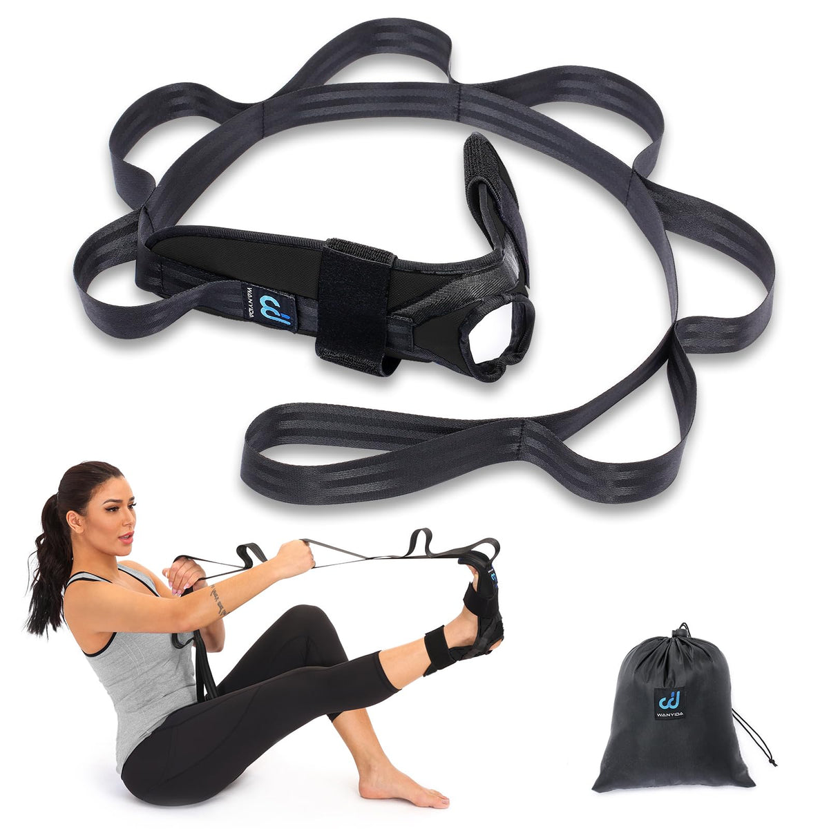 Foot and Calf Stretcher for Plantar Fasciitis, Achilles Tendonitis, Heel Spurs, Drop Foot. Yoga Stretching Strap for Leg, Thigh and Hamstring (Black)
