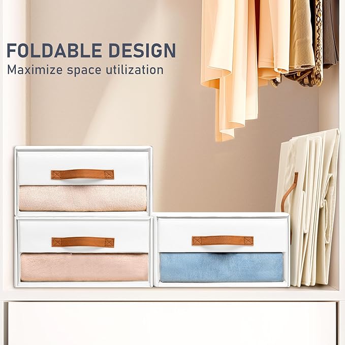 DIMJ Closet Organizers and Storage - Fabric Bins with Drawers for Closet Foldable Clothes Organizers with Clear Window, Stackable Storage Drawers Units for Bedroom, Living Room, 6-Pack, White