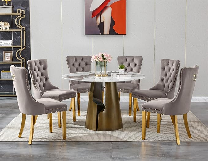 7-Piece Faux Marble Round Dining Table Set for 6, Modern Luxury Kitchen Table Set for 6 with Grey Tufted Chairs,Circle Dining Tables with Pandora Grain Top and Bronze Pedestal Base