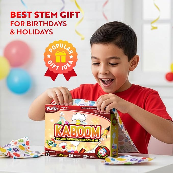 Playz Kaboom! 50+ Explosive Science Experiments Kit for Kids Age 8-12 with 25 Playz Lab Token Experiments - Chemistry Set STEM Learning & Educational Toys & Gifts for Boys, Girls, Teenagers & Kids