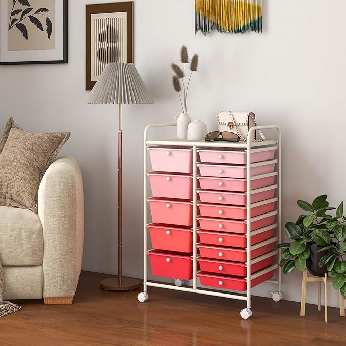 COSTWAY 15 Drawer Rolling Storage Cart, Mobile Utility Cart with Lockable Wheels, Drawers, Multipurpose Organizer Cart for Home, Office, School, Gradient Pink