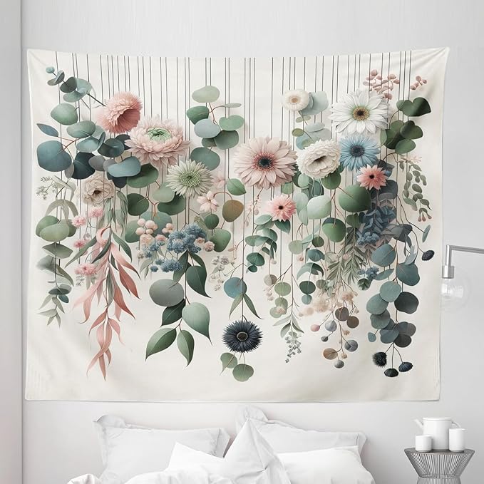 Ambesonne Flower Tapestry King Size, Modern Lines Leafy Eucalyptus Pattern with Tender Sunflower and Peony, Wall Hanging Bedspread Bed Cover Wall Decor, 104" X 88", Grey Teal Laurel Green