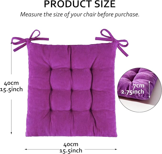 Square Seat Cushion for Kitchen Dining Chairs, Soft & Comfortable 15.5" x 15.5" Chair Pads, 6 Packs, Purple