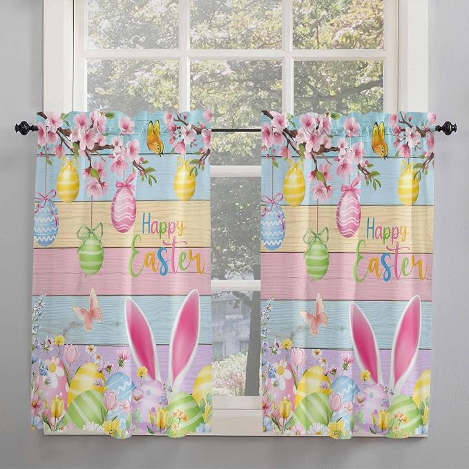 Colorful Easter Tier Curtains 45 Inches Long, Spring Watercolor Bunny Egg