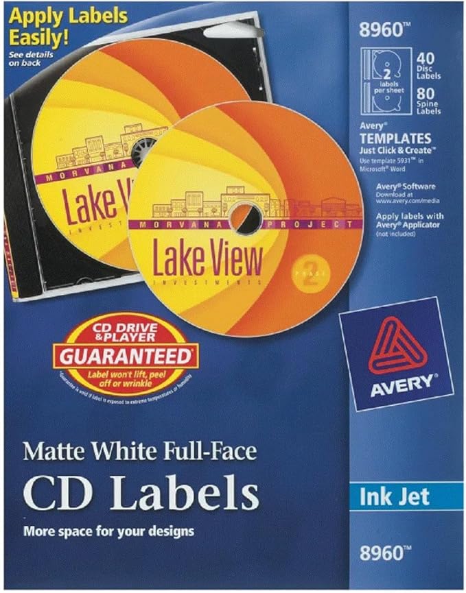 Avery Printable Full-Face CD Labels, Matte White, Permanent Adhesive, Laser/Inkjet Printable, 40 Disc & 80 Spine Labels, Ideal for CDs, DVDs, PC Discs, Media Projects & More (8960)
