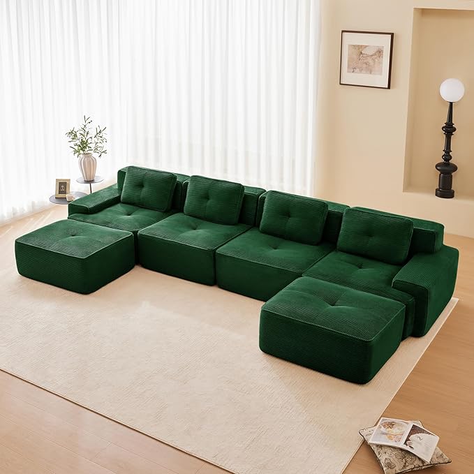 150" Modern Compressed Boneless Couch with Ottoman, 4 Seater Large U Shaped Sectional Couches for Living Room, Green Corduroy Cloud Modular Sectional Sofa, Memory Foam, Extra Deep, No Assembly