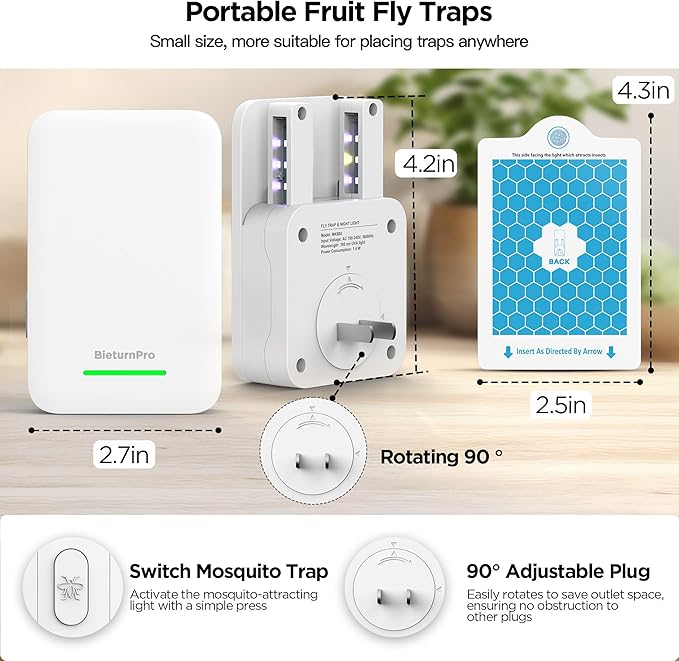 Fly Traps Indoors(1 Device+5 Refills), Gnat Traps for House Indoor, 3-in-1 UV/Blue/Yellow Light Plug-in Flying Insect Catcher Bug Zapper, Fruit Fly Killer, NAT Killer, Get Rid of Gnat Infestation