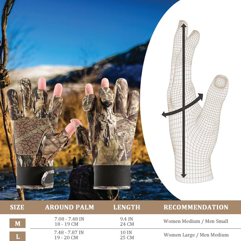 Favuit Camouflage Hunting Gloves, Lightweight Anti-Slip Full Finger Fingerless Touchscreen Camo Gloves Outdoor Tactical Hunting Gear Archery Accessories for Turkey Fishing Airsoft (Black L)