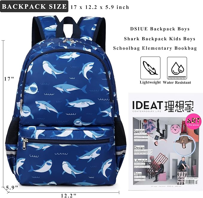 DSIUE School Backpack for Boys, Shark backpack with Lunch Box, Bookbag for Boys Kids Backpacks for Elementary School Student