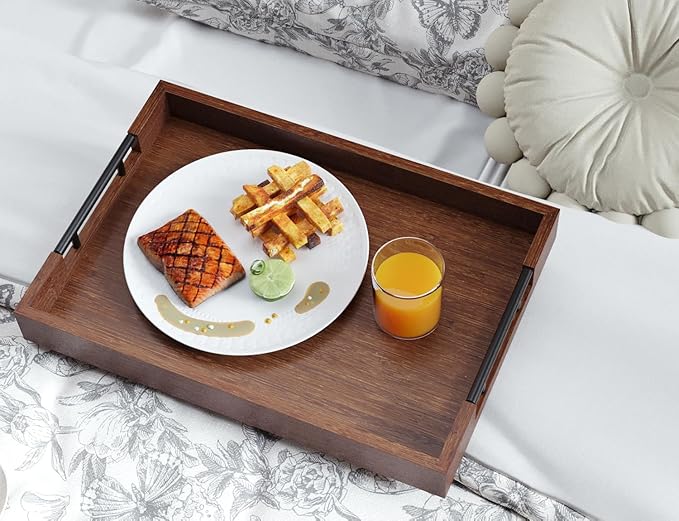Bamboo Set of 2 Serving Tray with Metal Handles,Ottoman Decorative Trays Platter for Coffee Table,Living Room,Bar,Party(Brown)