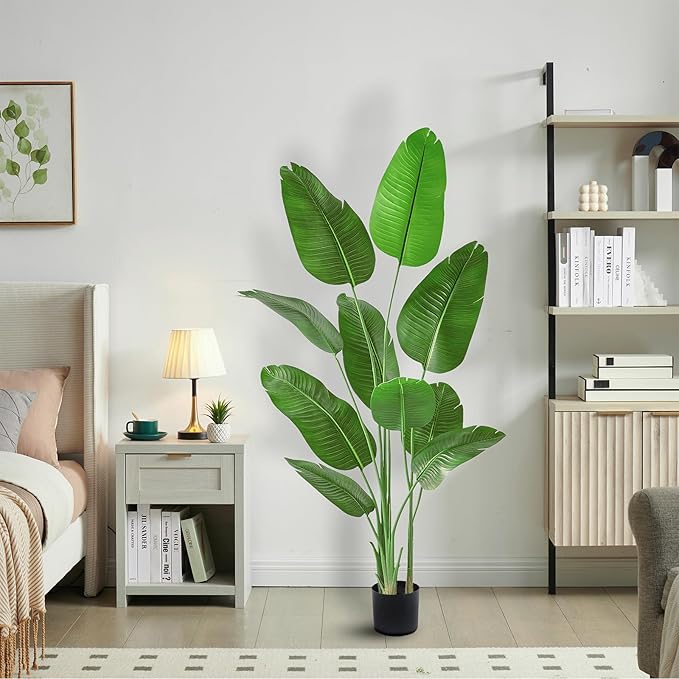 Birds of Paradise Plant Artificial, 6.6FT Fake Plant Faux Banana Leaf Tree with 15 Banana Leaves, Lifelike Tall Fake Tropical Palm Indoor Silk Floor Plant in Black Pot for House,Office,Room,Home Decor