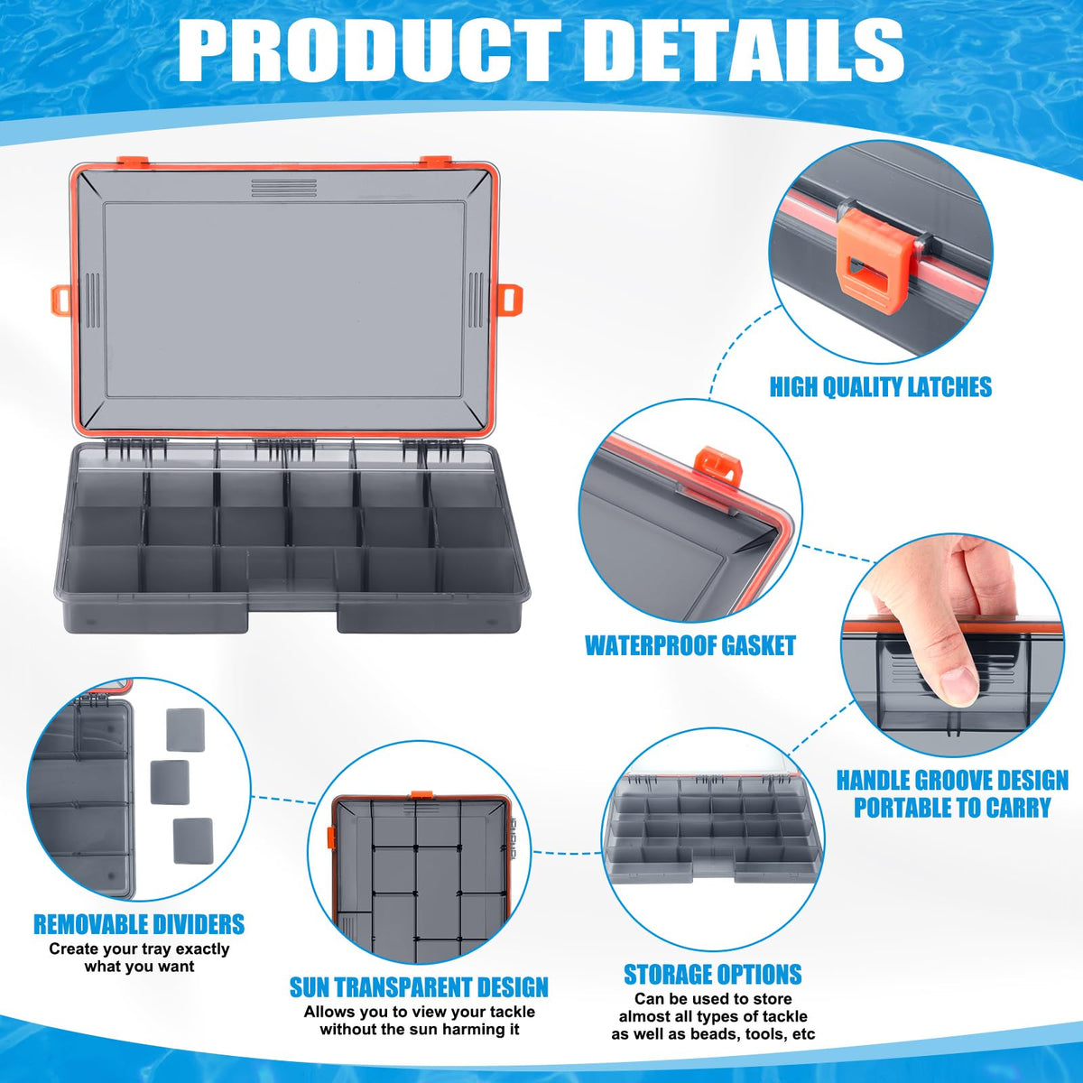 Wonderjune 6 Pack Fishing Tackle Boxes Waterproof 3600 and 3700 Tackle Trays with Removable Dividers Plastic Storage Organizer Bait Vault Camouflage Box for Freshwater Saltwater (Orange,3700)
