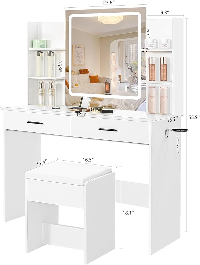 Vanity Desk with Mirror and Lights, 3-Color Lights Adjustable Brightness, White Vanity Makeup Desk with Drawer & Charging Station, Large Dressing Table Make Up for Bedroom