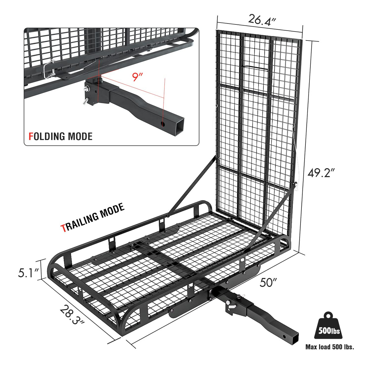 Hitch Mount Steel Cargo Carrier Basket with 49'' Folding Wheelchair Ramp, Fits 2'' Trailer Mounted Hitches