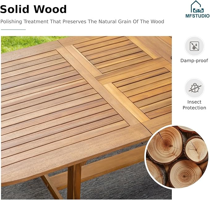 MFSTUDIO 7 Pieces Patio Dining Set, Teak Wood Outdoor Dining Set for 6, 1 x Rectangular Expandable Acacia Wood Table, 6 x Wooden Patio Dining Chairs with Removable Cushions for Backyard, Porch