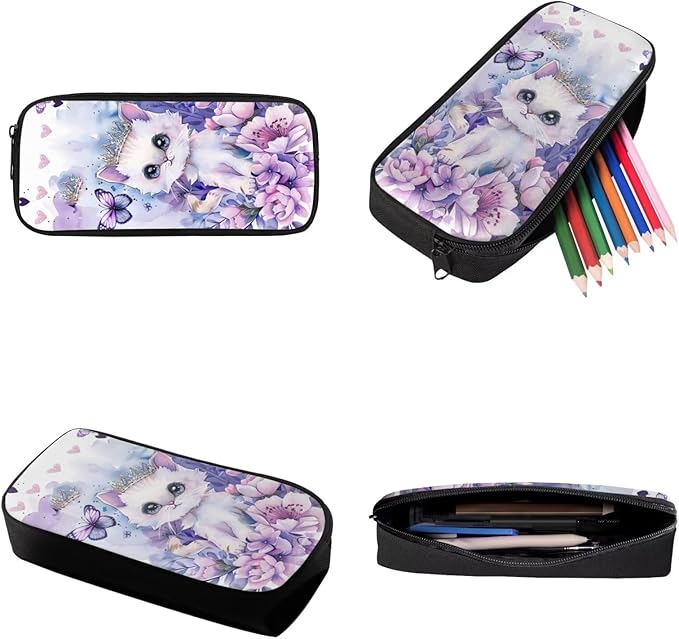 Cat Flower Kids Backpack Set for Girls, Large Lightweight Kids School Backpack Set with Lunch Bag Cute Pencil Case, Girls Bookbag Back to School Supplies, Purple and White