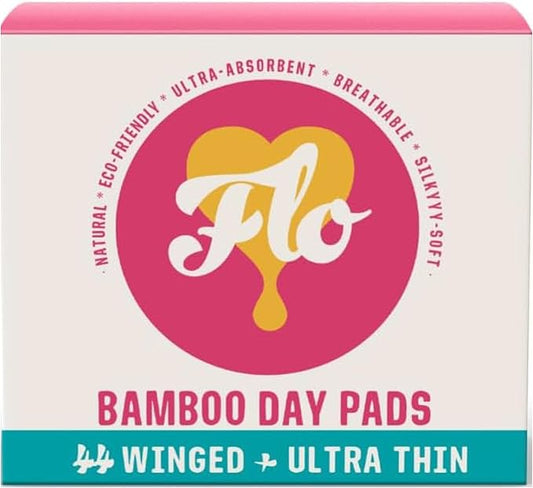Flo Bamboo Day Period Pads with Wings (44 Pads) - Super Absorbent, Soft, Thin