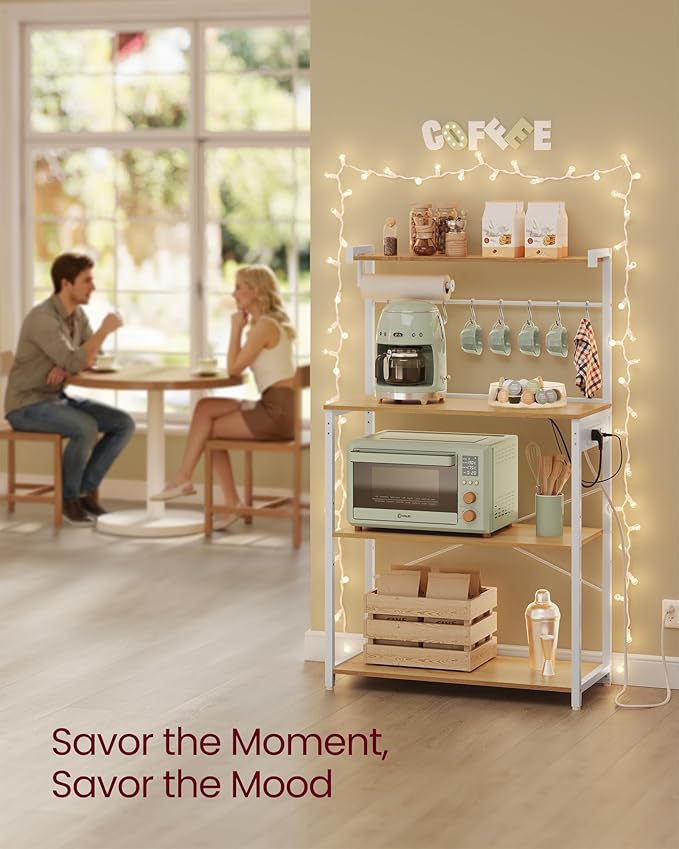 VASAGLE Kitchen Bakers Rack with Power Outlet, Coffee Bar 4-Tier with 8 S Hooks, Microwave Stand, Adjustable Shelf, 15.7 x 31.5 x 55.1 Inches, Golden Oak and Cloud White UKKS029YA01