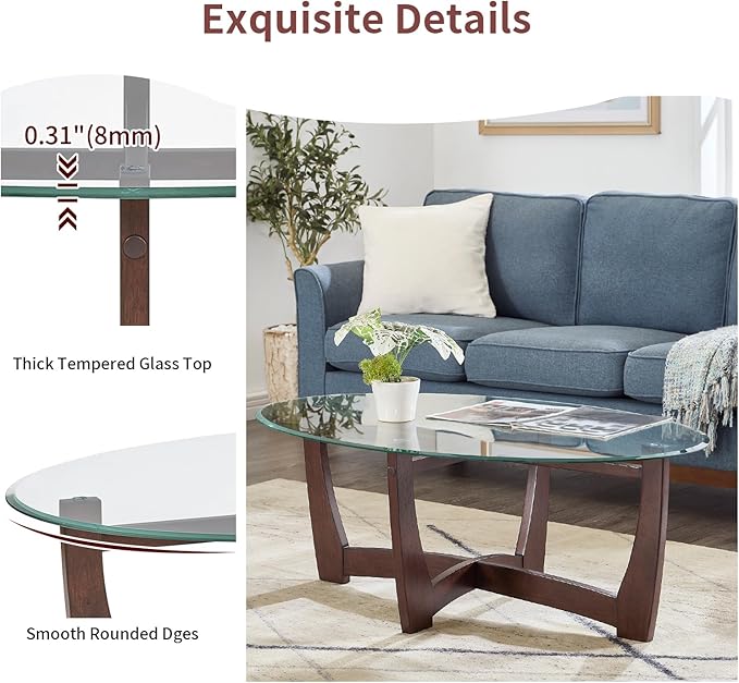 LKTART 48" Oval Glass Coffee Table with Tempered Glass Top Cross and Solid Wood Base Simple & Modern Center Table for Living Room Office Apartment Cherry