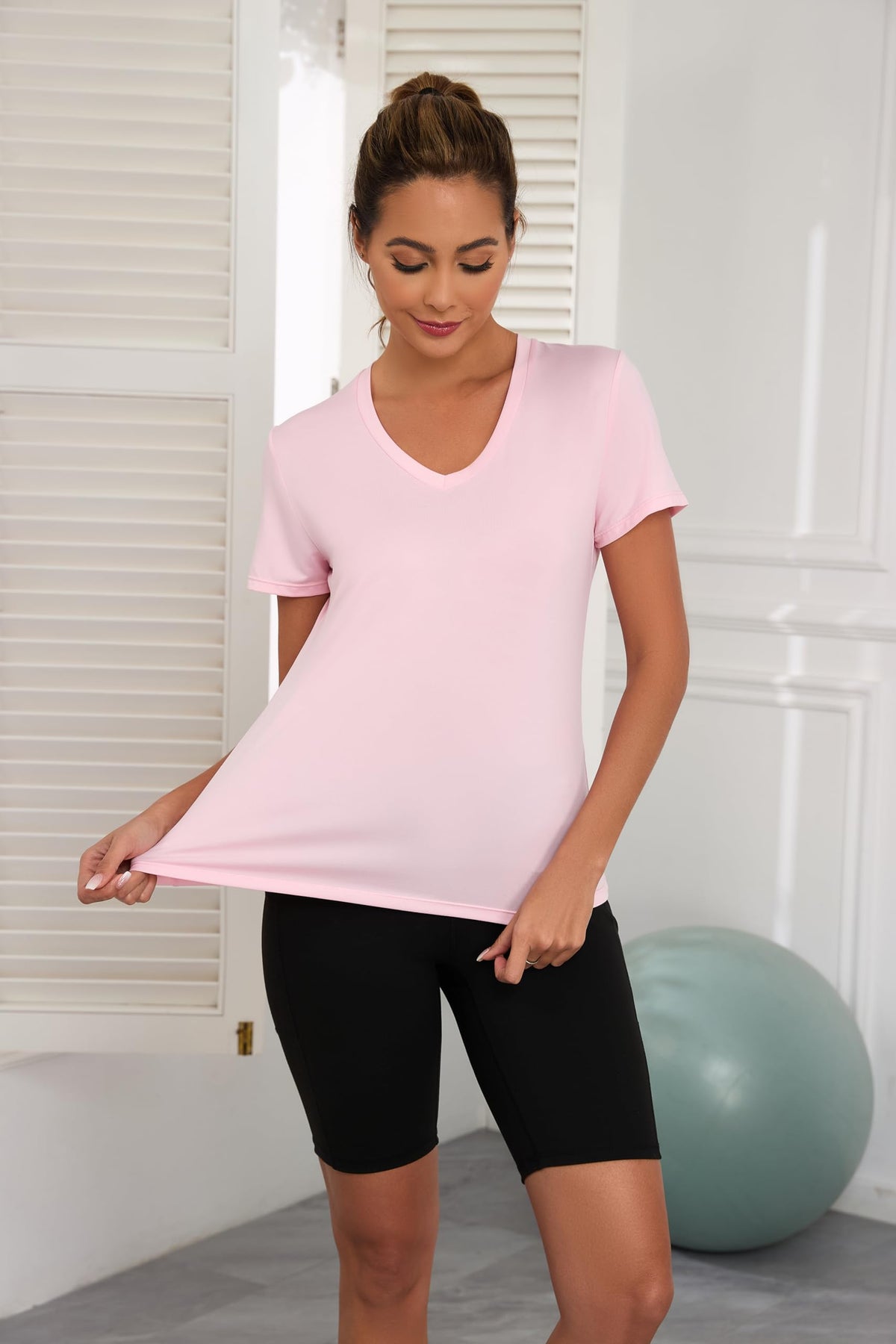 KevaMolly Pink Workout Tops for Women V Neck UPF50+ Breathable Loose Fit Yoga T Shirts Short Sleeve Running Gym Athletic Tee Top M