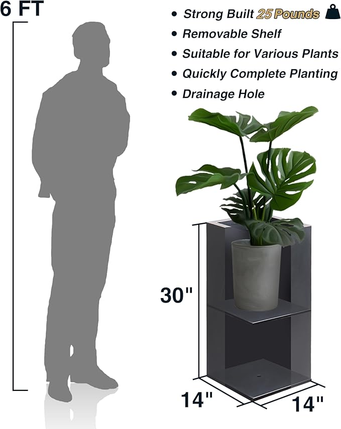 Wallowa Metallic Heavy Tall Outdoor/Indoor Planter Box, Rectangular, 14Lx14Wx30H Inches, ‎25LBS/PC, Dark Gray, No Assembly Required and Seamless, Set of 2