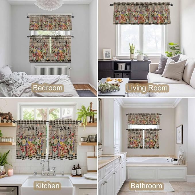 Kitchen Curtains Tiers and Valance Set of 3, Spring Flowers Light Filtering