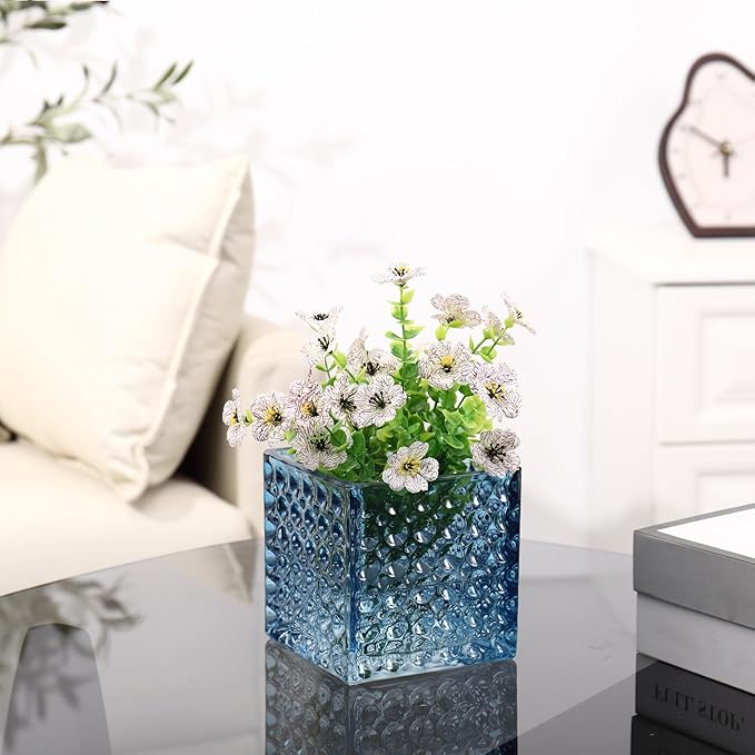 Square Vases Set of 6, 5" x 5" x 5" Square Glass Vases for Flowers, Blue Flower Vase for Centerpieces, Small Bubble Vase for Wedding, Party, Home, Office, Parties, Events