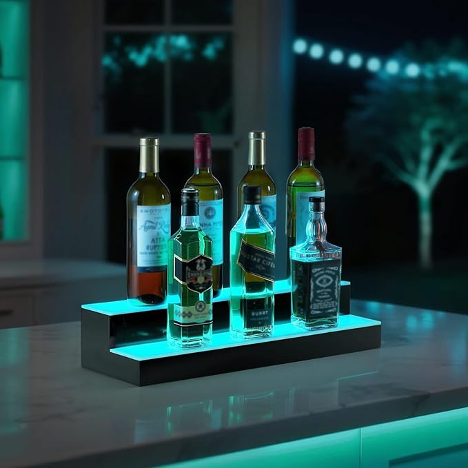 VEVOR LED Lighted Liquor Bottle Display, 2 Tiers 20 Inches Whiskey Rack, Supports USB, Illuminated Home Bar Shelf with RF Remote & App Control, 9 Static Colors, Acrylic Lighted Shelf for 10 Bottles