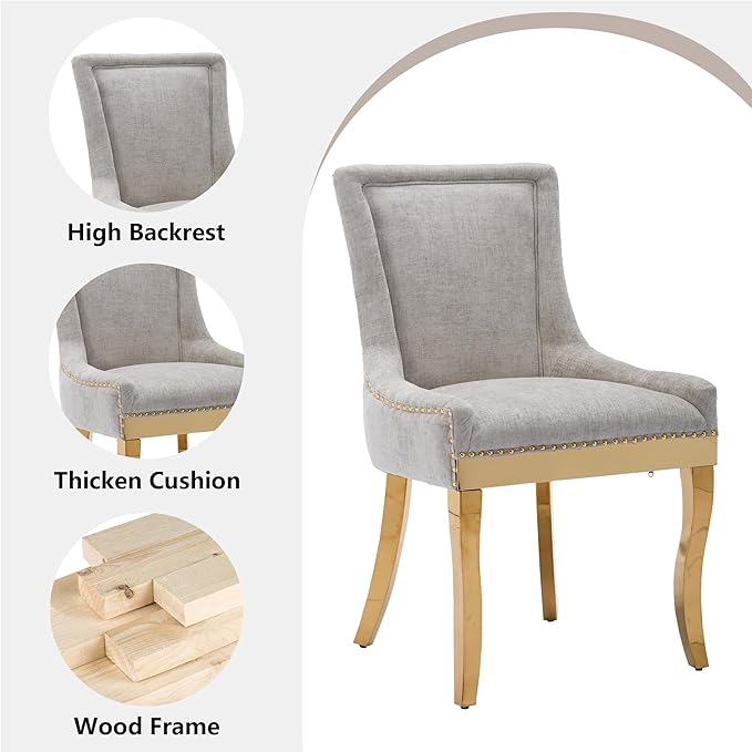 Luxury Fabirc Upholstered Dining Chairs Set of 6,Neutral Chenille Kitchen Room Chair with Nailhead Trim,6 Piece Modern Side Chairs for Dining Room,Living Room,Bar (Beige-Gold, Set of 6)