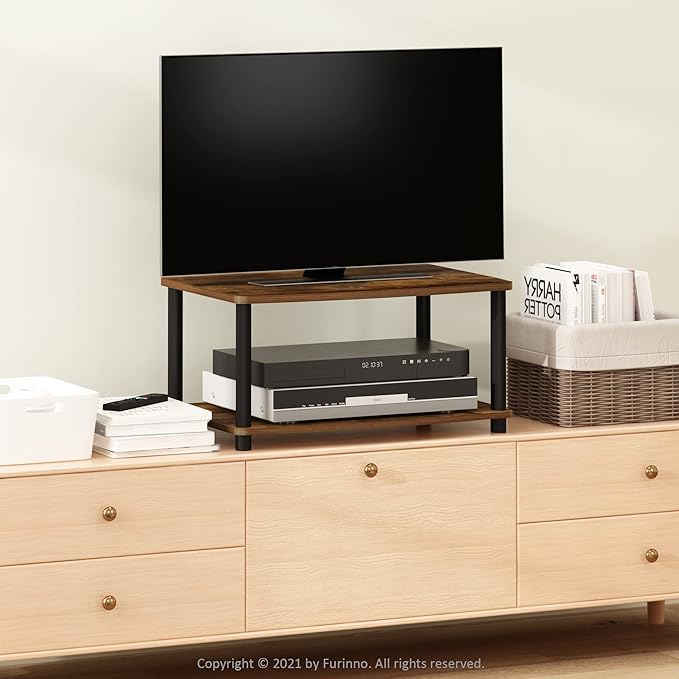 Furinno TURN-N-TUBE TV Riser Stand, 2-Tier Small Elevated No Tools TV Stand, TV Console for TV up to 32 inch, 15.8 x 23.8 x 11, for Living Room, Bedroom, Amber Pine