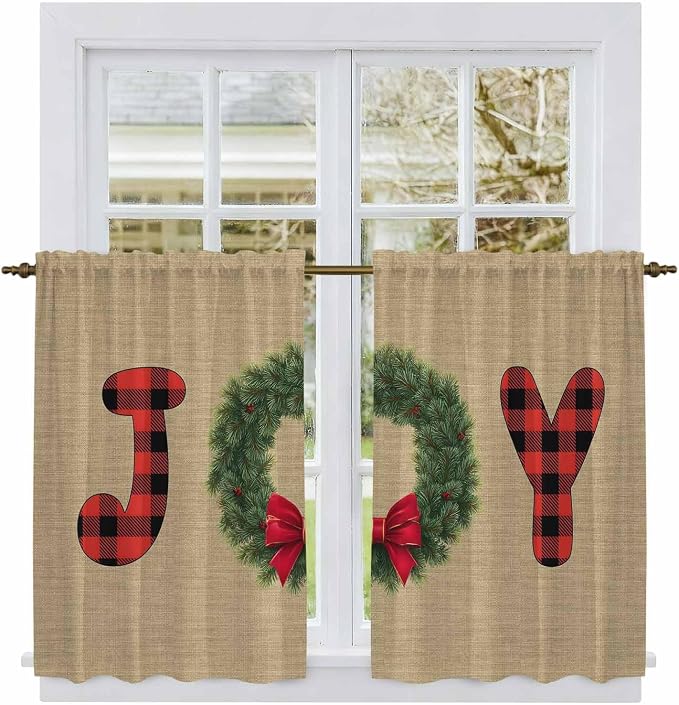 Red Green Christmas Kitchen Curtains 45 Inch Long 2 Panel Set, Rod Pocket