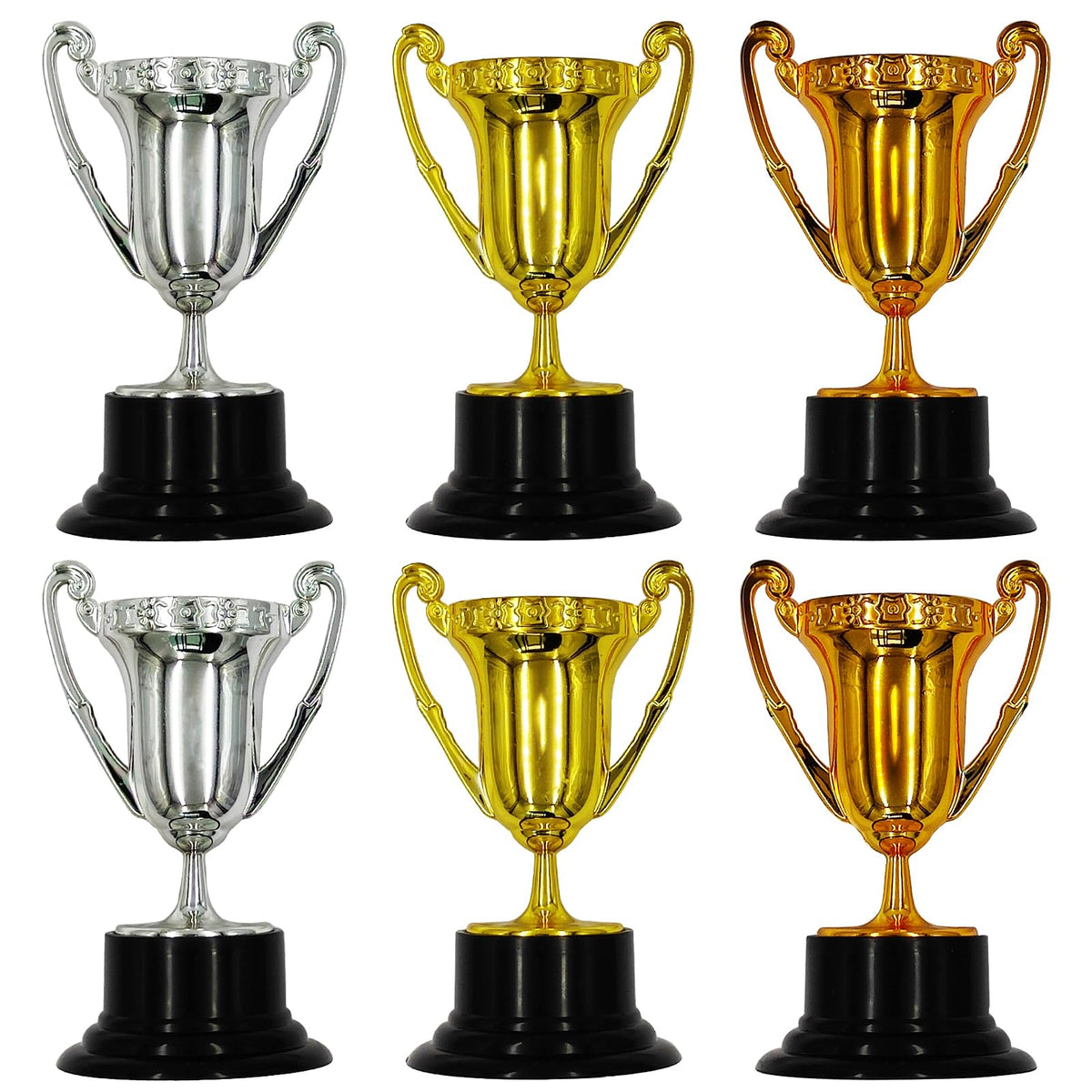 HOPELJ Kids Mini Award Trophy Cups - Pack of 6 Bulk - Plastic Gold Silver Bronze Award Trophies Set for Kids for Party Favors, Props, Rewards, Winning Prizes, Competitions