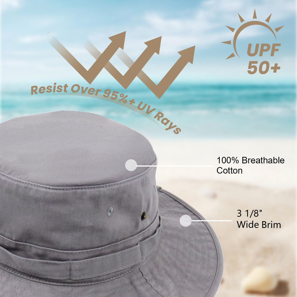 Phaiy Bucket Hat with String Grey Boonie Hat UPF 50+ Wide Brim Sun Hat for Men Fishing Hiking Safari