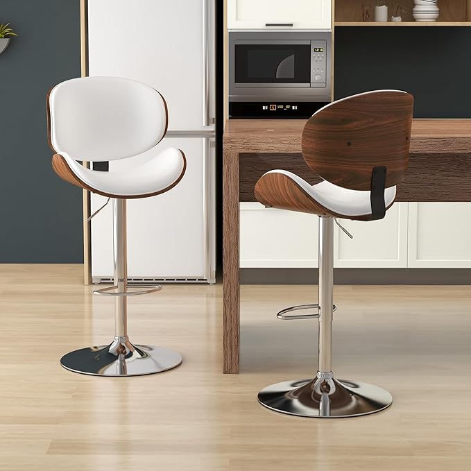 KCC Bar Stools Set of 4, Swivel Adjustable Height Barstools, PU Leather Upholstered Bar Chairs with Footrest, Bentwood Bar Stool for Kitchen, Bar, Dining Room(White PU)
