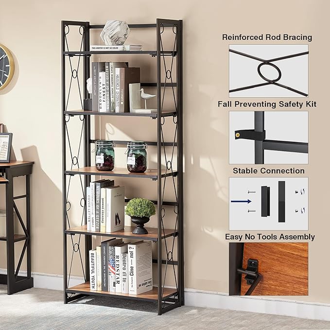 VECELO 2 Set Folding Bookshelf 5-Tier,Industrial Metal Frame & Wood Shelves,Foldable Bookcase No Assembly Free Standing Storage Organizer for Living Room,Office,Bedroom