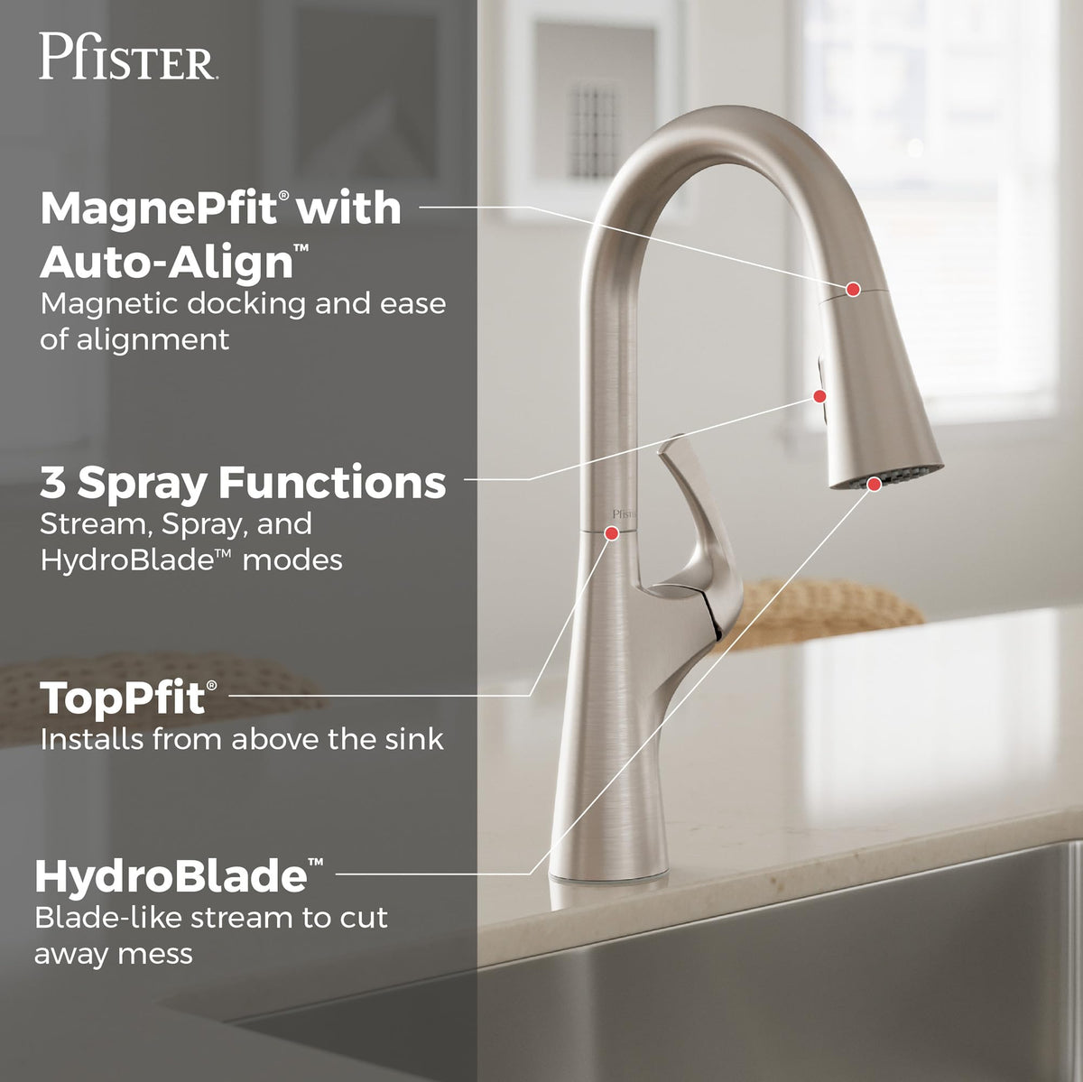 Pfister Talega Kitchen Sink Faucet with Pull Down Sprayer Single Handle High Arc Spout Spot Defense Stainless Steel NSF Certified 1 or 3 Hole Installation F5297TEGS