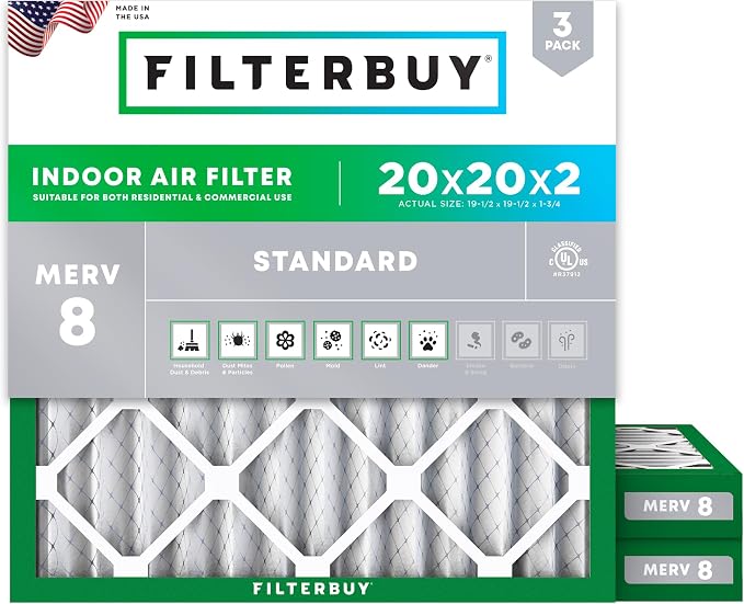 Filterbuy 20x20x2 Air Filter MERV 8 Essential Dust & Allergy Defense,